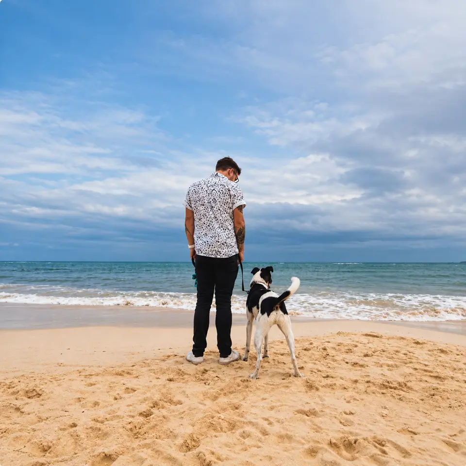 Persona y perro mirando el mar